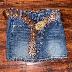 Denim skirt with Brown Leather Belt with Gold Accents